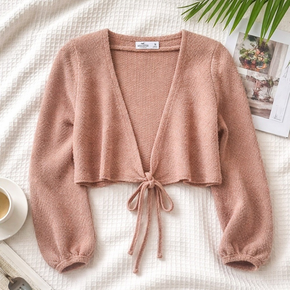 Hollister M Brown Boucle Tie Front Cropped Cardigan Vintage Sweater Y2K Inspired